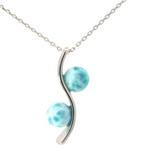 Sterling Silver rhodium plated genuine larimar double waterfall ball necklace on 1.2mm diamond cut cable chain 18"