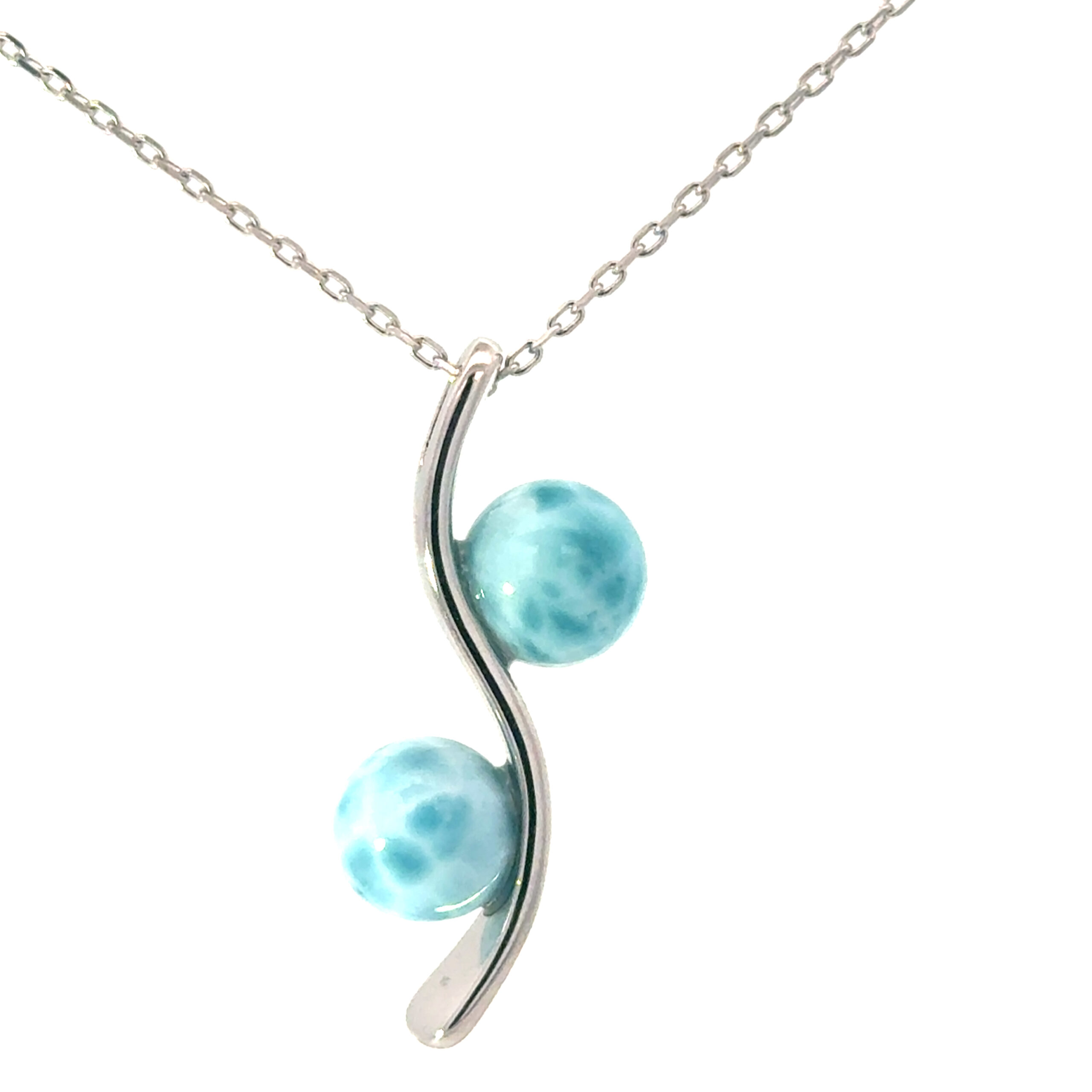 ebc scaled .jpg Sterling Silver rhodium plated genuine larimar double waterfall ball necklace on 1.2mm diamond cut cable chain 18"