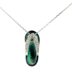 Sterling Silver rhodium plated cubic zirconia and abalone large flip flop pendant on 1.2mm diamond cut cable chain 18"