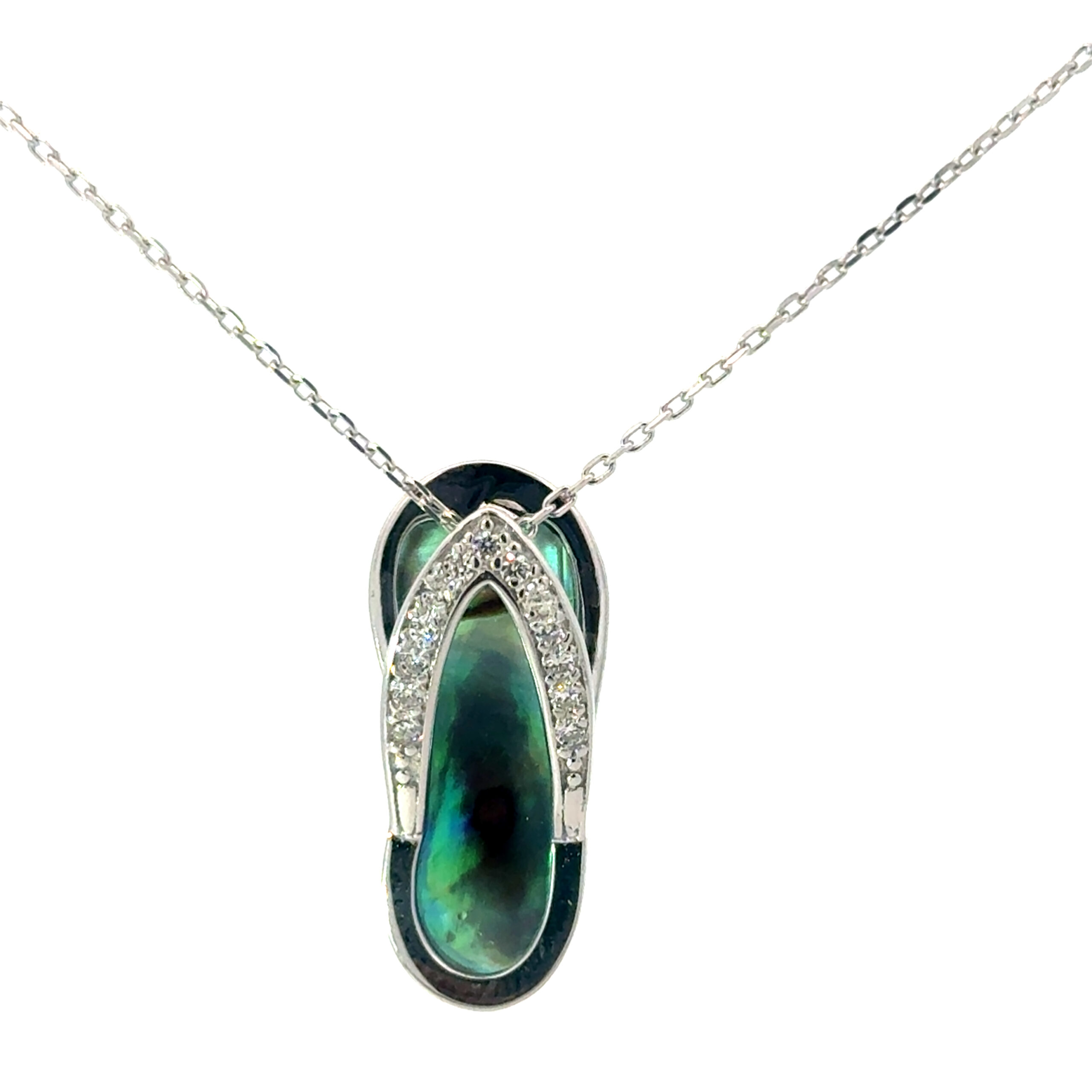 a scaled .jpg Sterling Silver rhodium plated cubic zirconia and abalone large flip flop pendant on 1.2mm diamond cut cable chain 18"