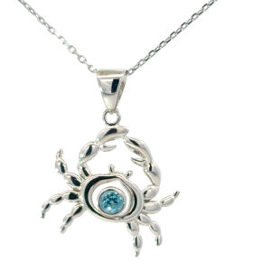 sterling silver rhodium plated blue topaz crab pendant on diamond cut link chain 18" with claw catch