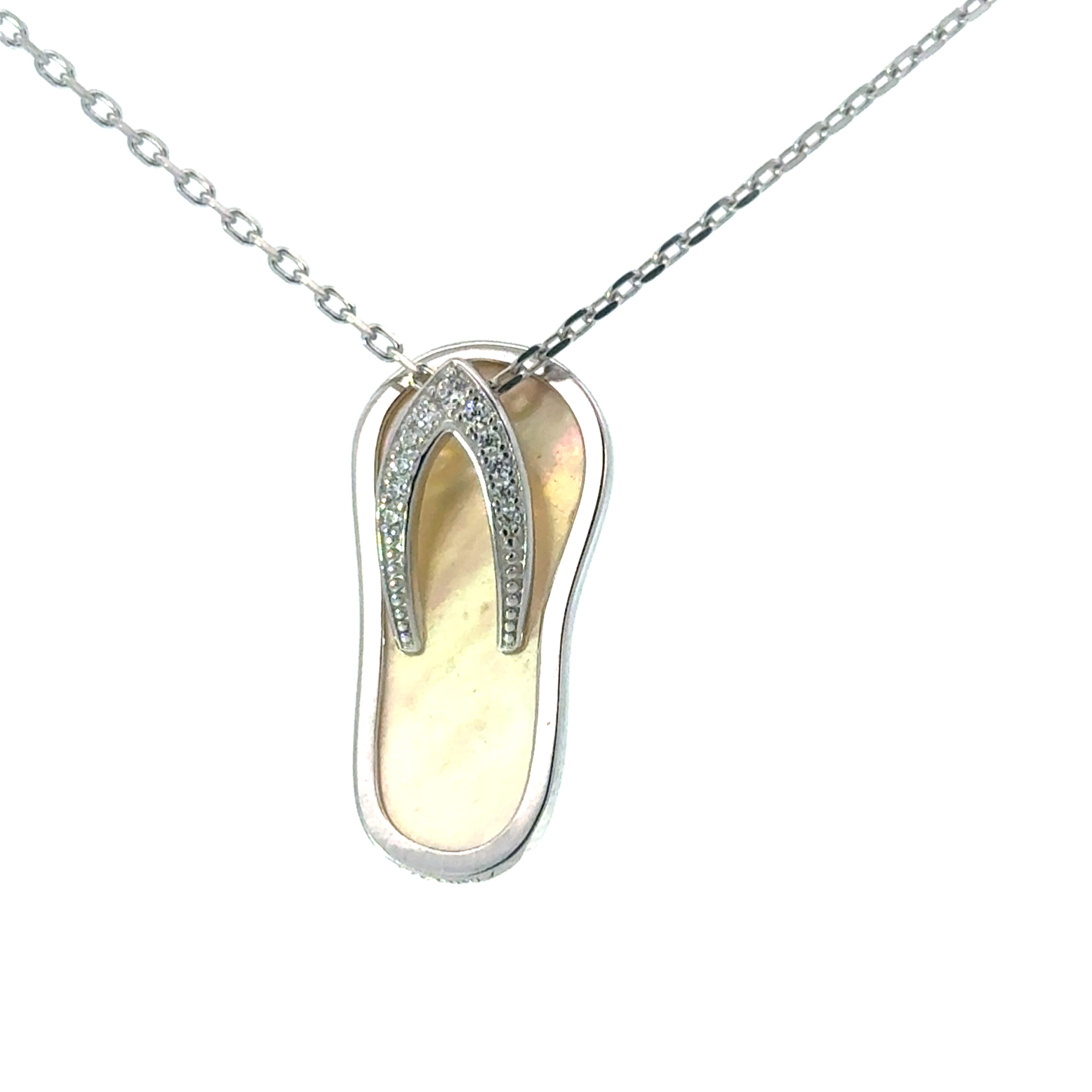 fbd scaled .jpg Sterling Silver rhodium plated mother of pearl cz flip flop pendant on 1.2mm diamond cut cable chain 18"