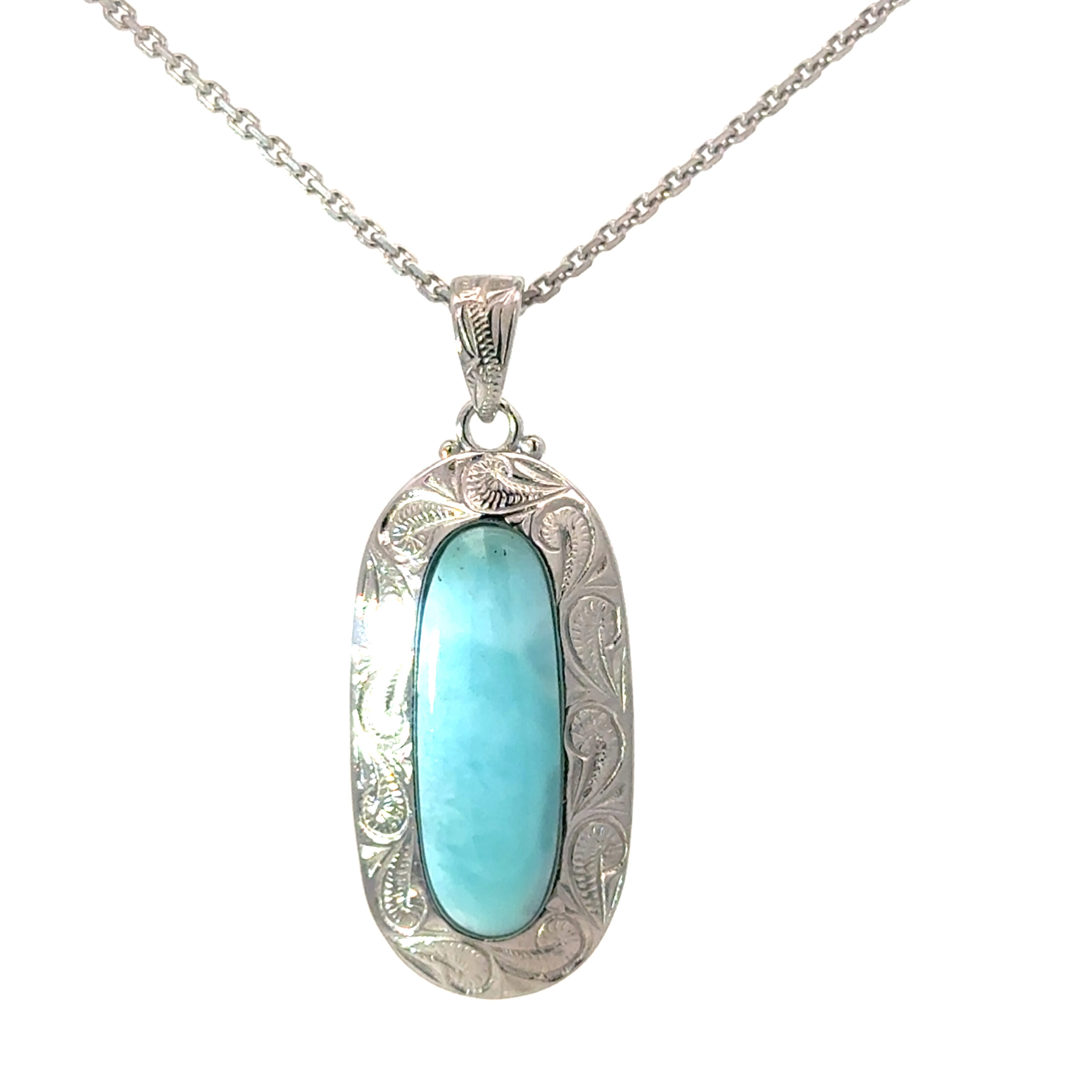 fbe scaled .jpg Sterling Silver rhodium plated genuine larimar oval scrolled pendant on 1.4mm diamond cut cable chain 18"
