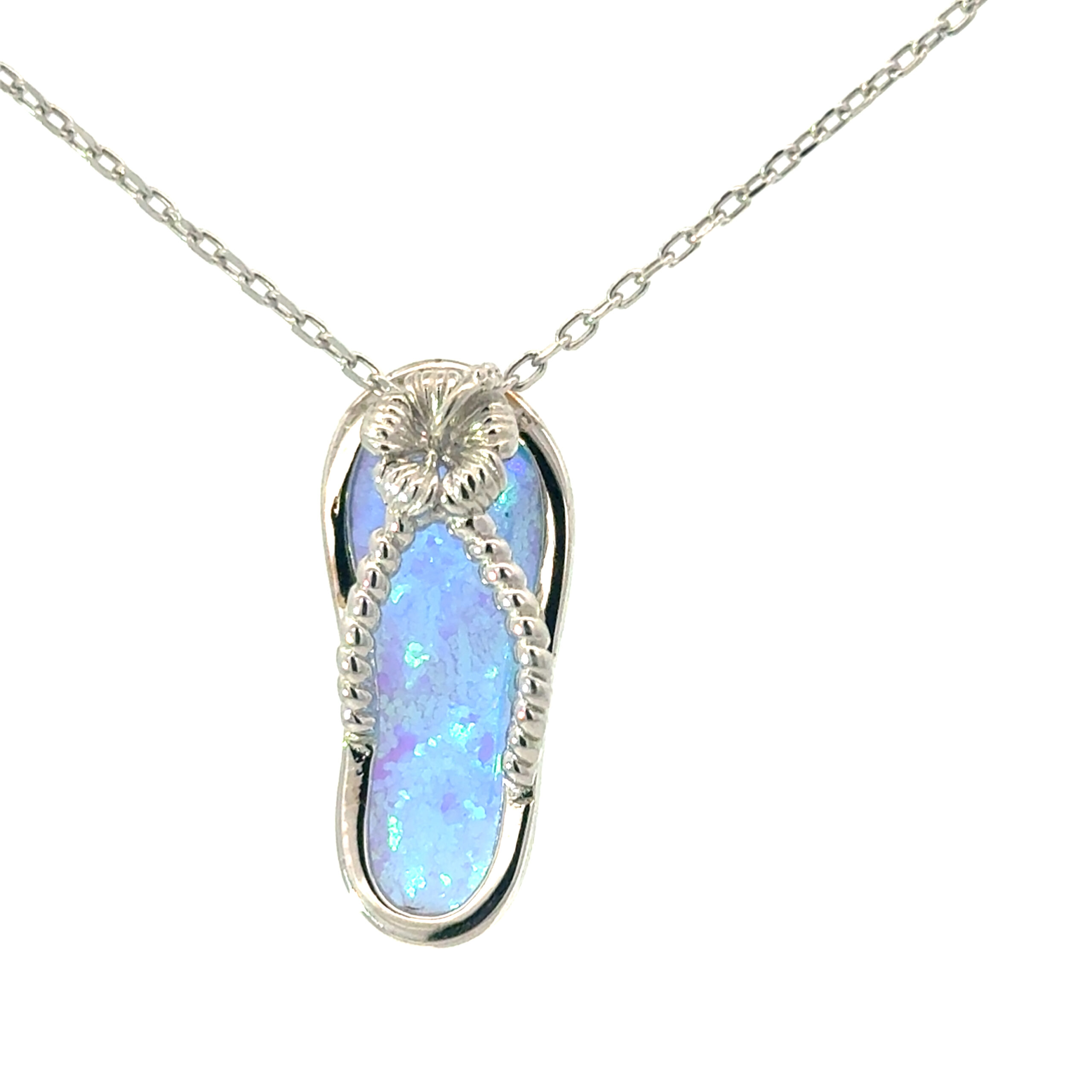 ce scaled .jpg Sterling Silver Rhodium plated created blue opal flip flip hibiscus necklace on 1.2mm diamond cut cable chain 18"