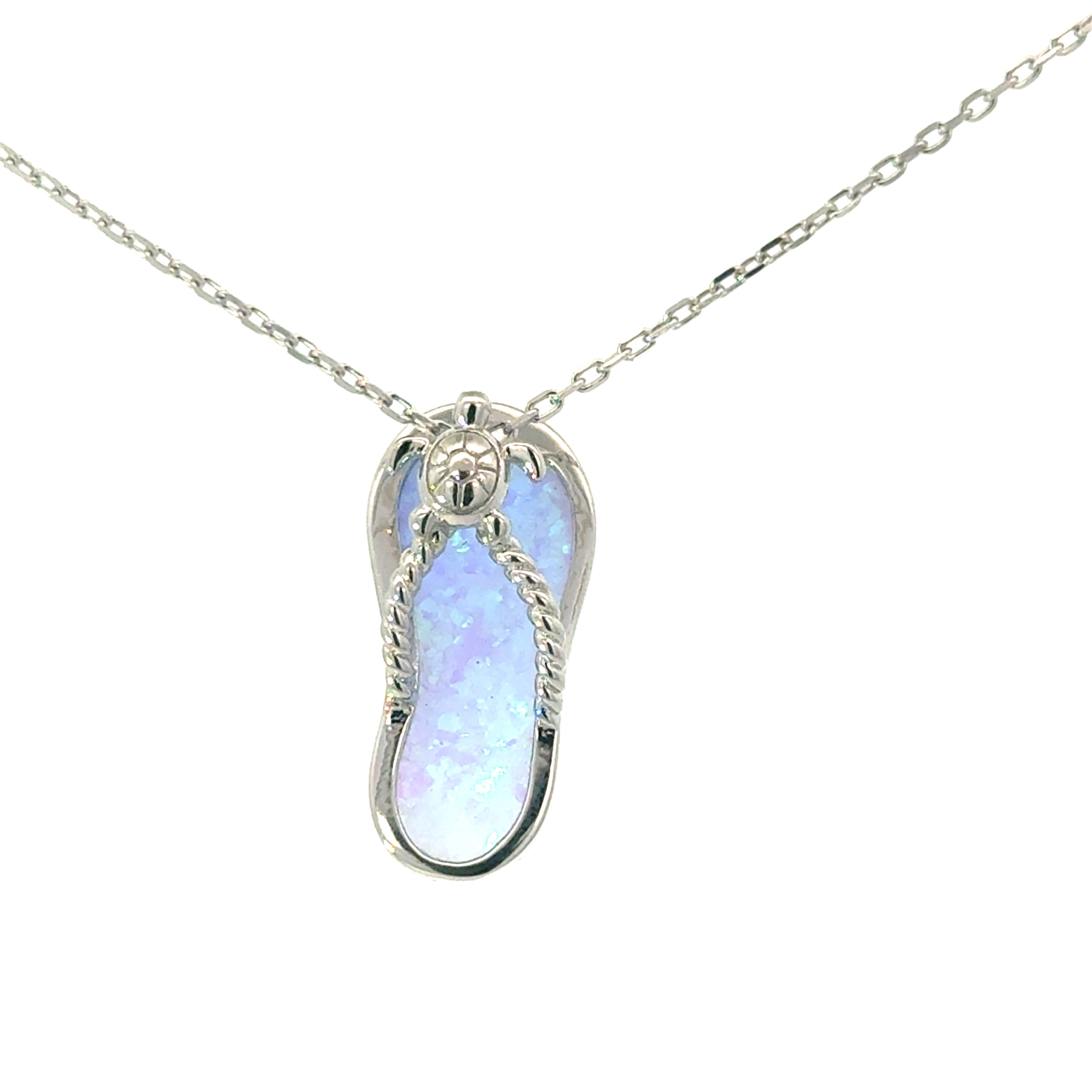 a scaled .jpg Sterling Silver Rhodium Plated Created Blue Opal And Turtle Flip Flop Pendant On 18" Diamond Cut Link Chain