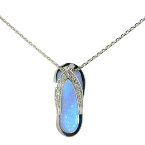 Sterling Silver rhodium plated created blue opal and cubic zirconia flip flop pendant on 1.4mm diamond cut cable chain 18"