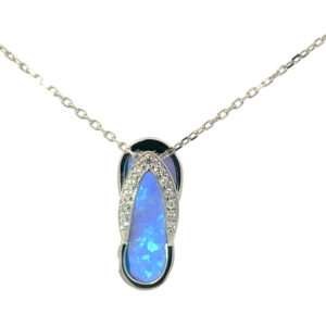 sterling silver rhodium plated created blue opal and cz flip flop pendant on 1.2mm diamond cut link chain 18"