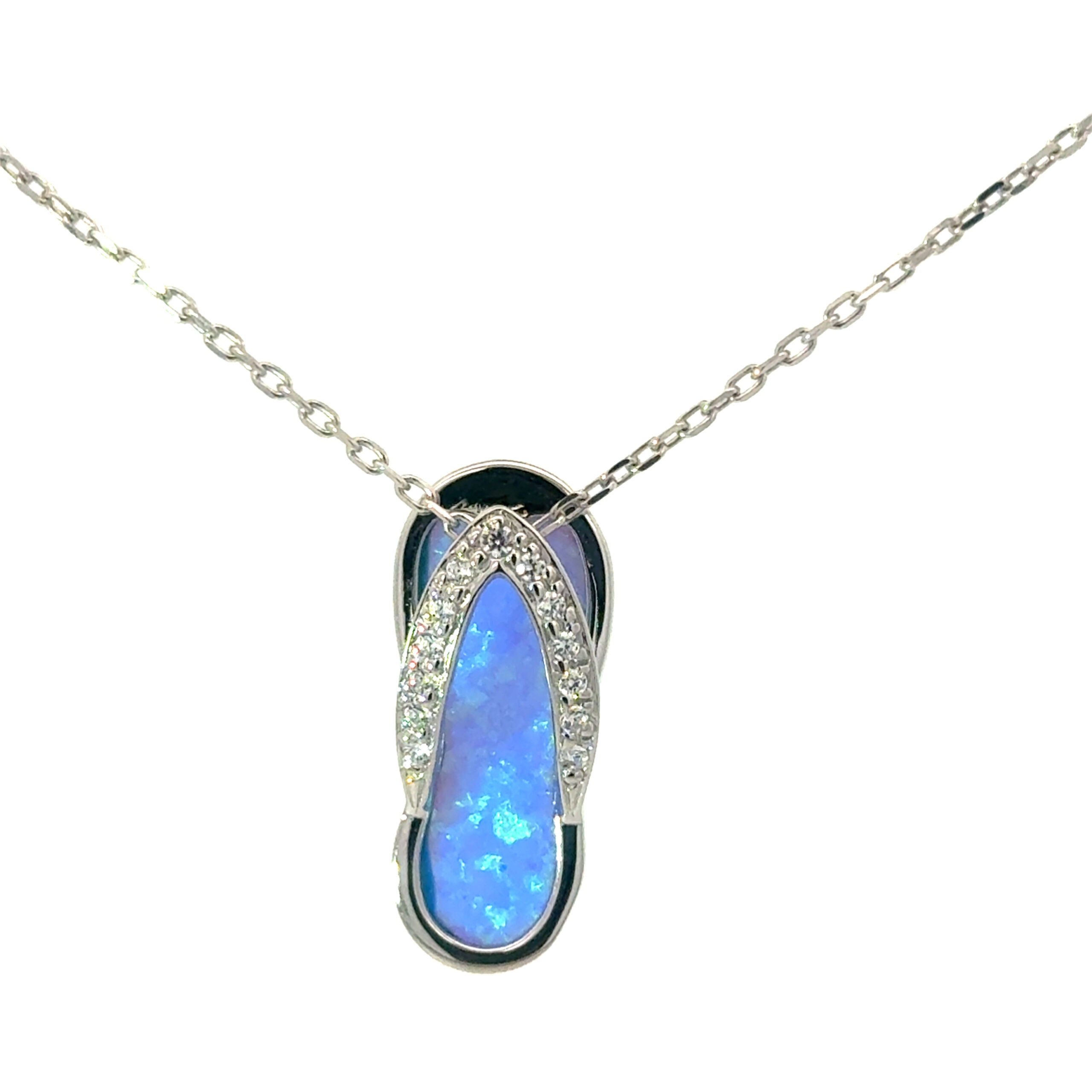 f scaled .jpg sterling silver rhodium plated created blue opal and cz flip flop pendant on 1.2mm diamond cut link chain 18"