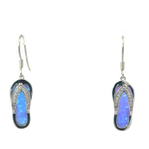 Sterling Silver created blue opal and cz flip flop dangle earring on fish hook