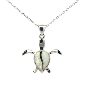 Sterling Silver Rhodium Plated created white opal medium turtle pendant on 1.2mm diamond cut cable chain 18"