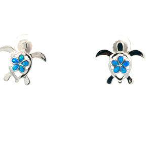 Sterling Silver rhodium plated created blue opal turtle flower stud earring