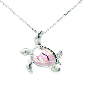 Sterling Silver Rhodium Plated created pink opal sea turtle pendant on 1.2m diamond cut cable chain 18"
