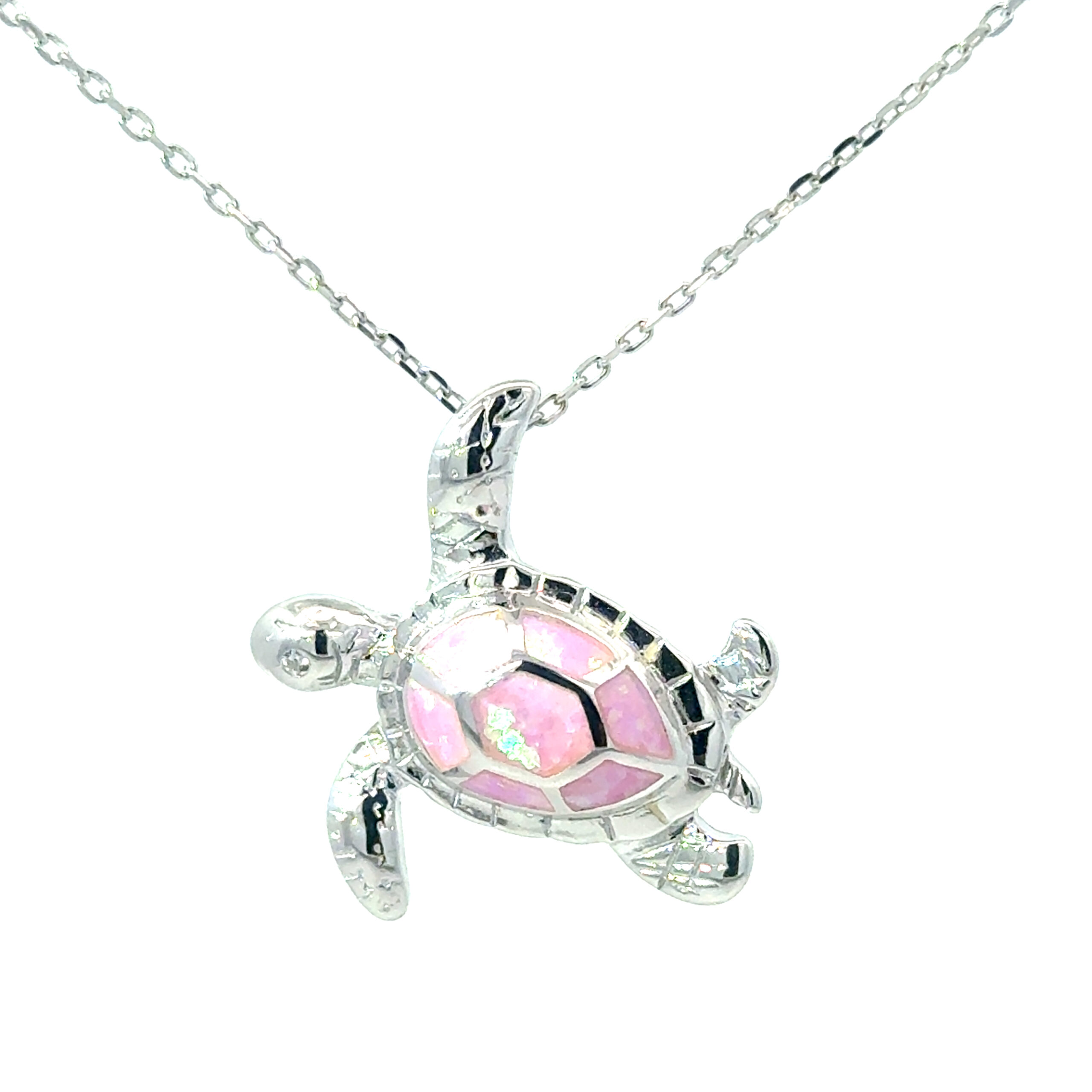 f scaled .jpg Sterling Silver Rhodium Plated created pink opal sea turtle pendant on 1.2m diamond cut cable chain 18"