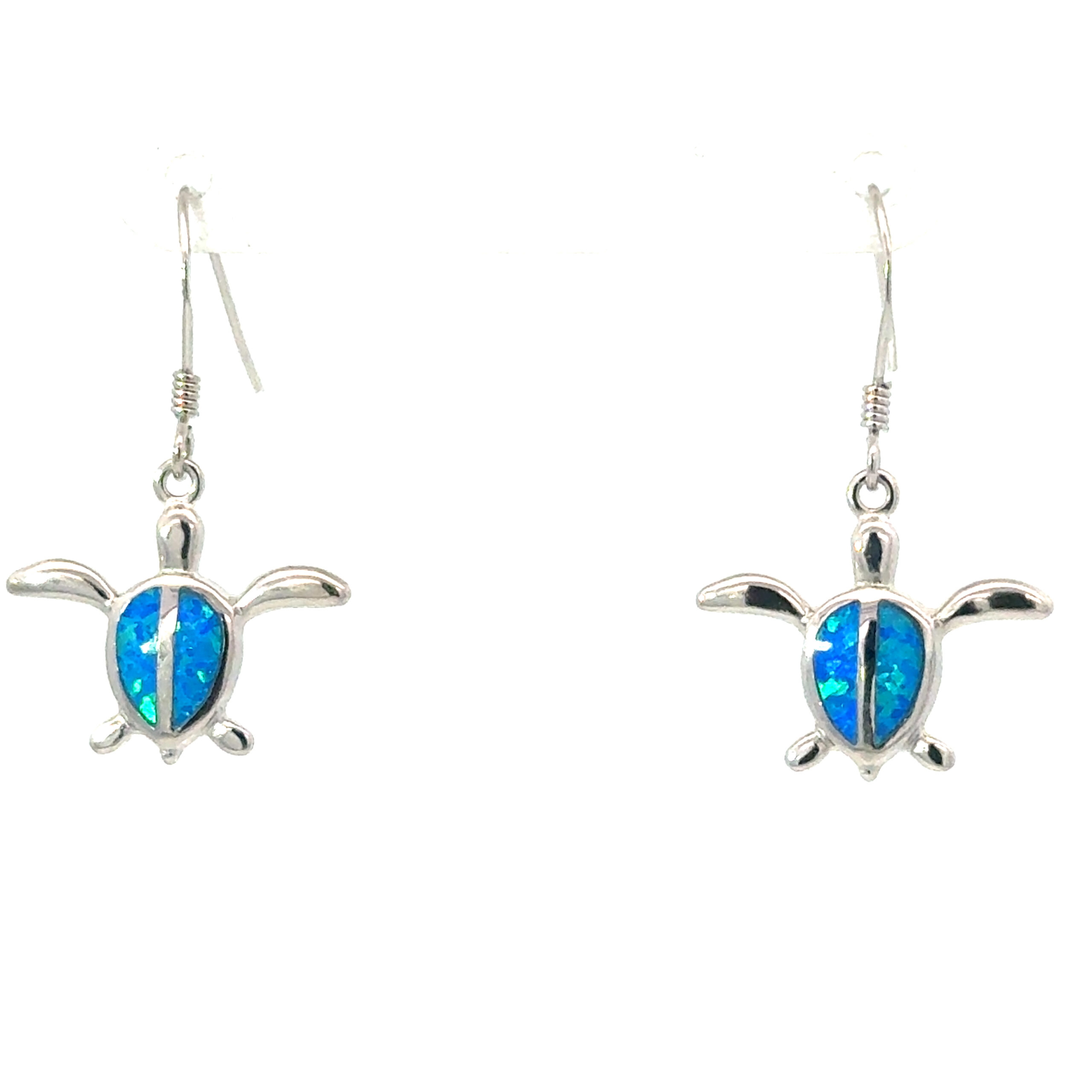 be scaled .jpg Sterling Silver rhodium plated created blue opal dangle turtle earring on fish hook