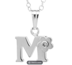 Sterlig Silver childs Inital M with diamond in flower on adjustable chain 18"