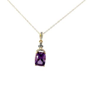 10kt yellow gold genuine elongated amethyst and diamond pendant tw 0.07cts on machine made rope 18"