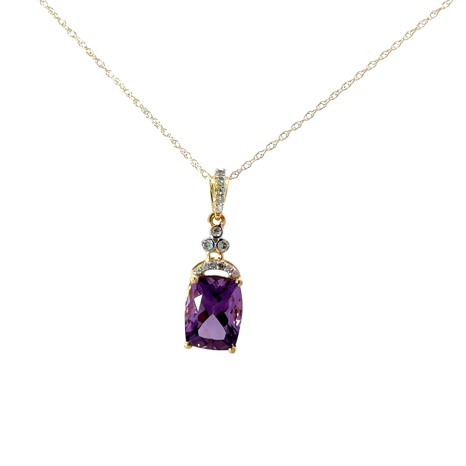 .jpg 10kt yellow gold genuine elongated amethyst and diamond pendant tw 0.07cts on machine made rope 18"