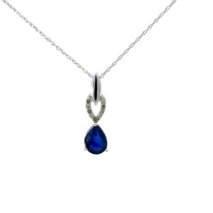 10kt white gold diamond and genuine pear shape sapphire pendant D tw 0.05cts SI2 clarity, near colorless J color on machine made rope 18"