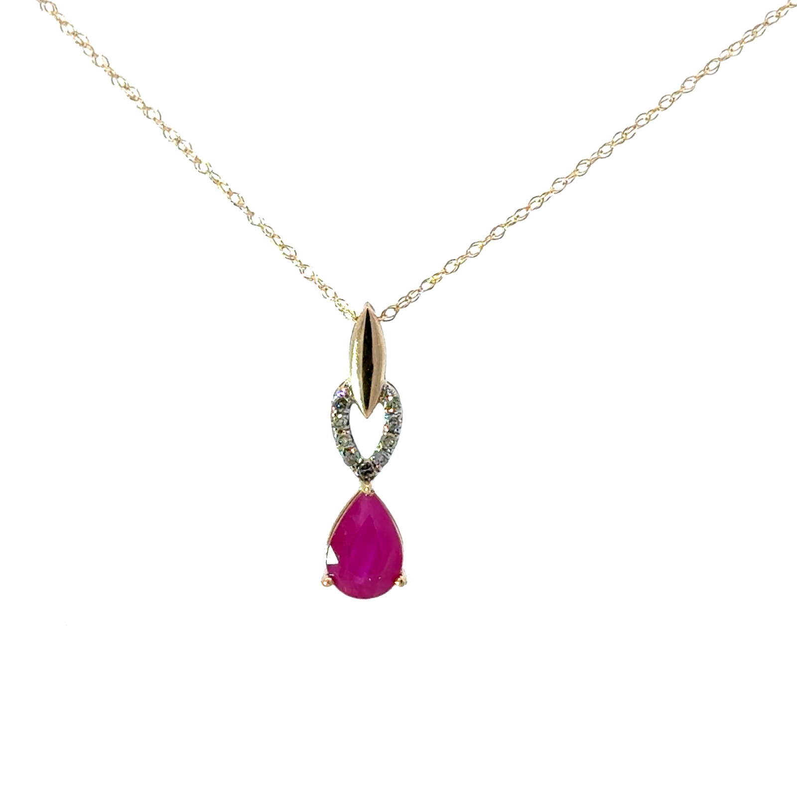 .jpg 10kt yellow gold genuine ruby and diamond pear shape pendant D tw0.05cts SI3 clarity, J color on 28" machine made rope chain 18"