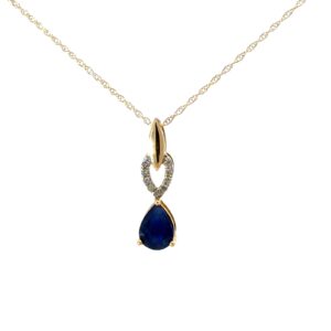 10kt yellow gold diamond and pear shape sapphire drop pendant D tw 0.05cts SI2/I1 clarity, J color on machine made rope chain 18"