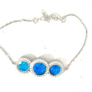 Sterling Silver rhodium plated created blue opal inlay tripple circle halo bracelet
