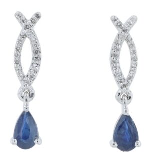 10kt white gold genuine sapphire and diamond pear shape drop earring D tw 0.10cts, S tw 0.50cts SI, near colorless J color