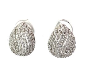 18kt wg diamond earrings, omega backs (sm dia in shp of pear) diamonds tw 0.74 pts vs2, h color