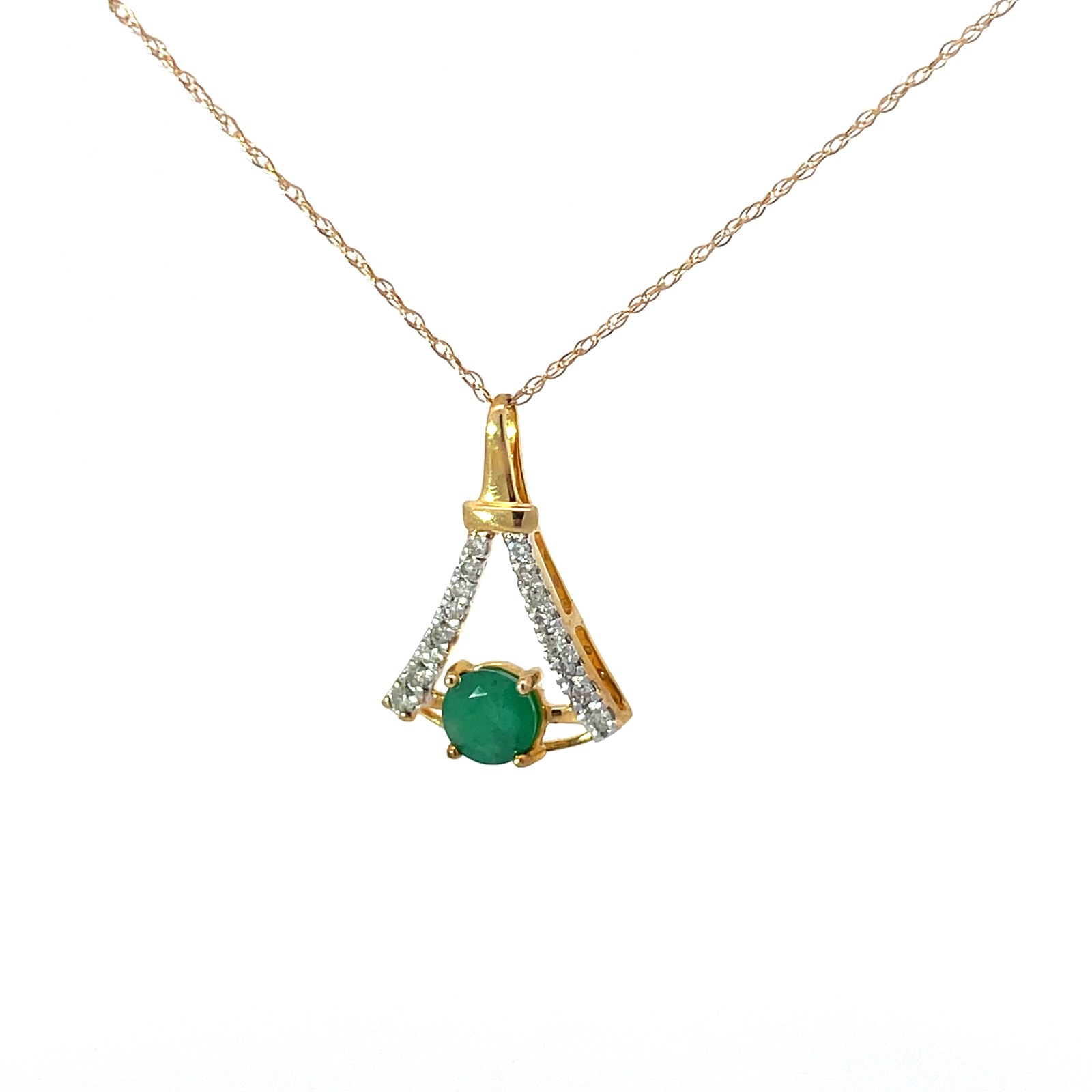 10kt yellow gold diamond and emerald dangle pendant D tw 0.10cts on 18" chain with spring ring
