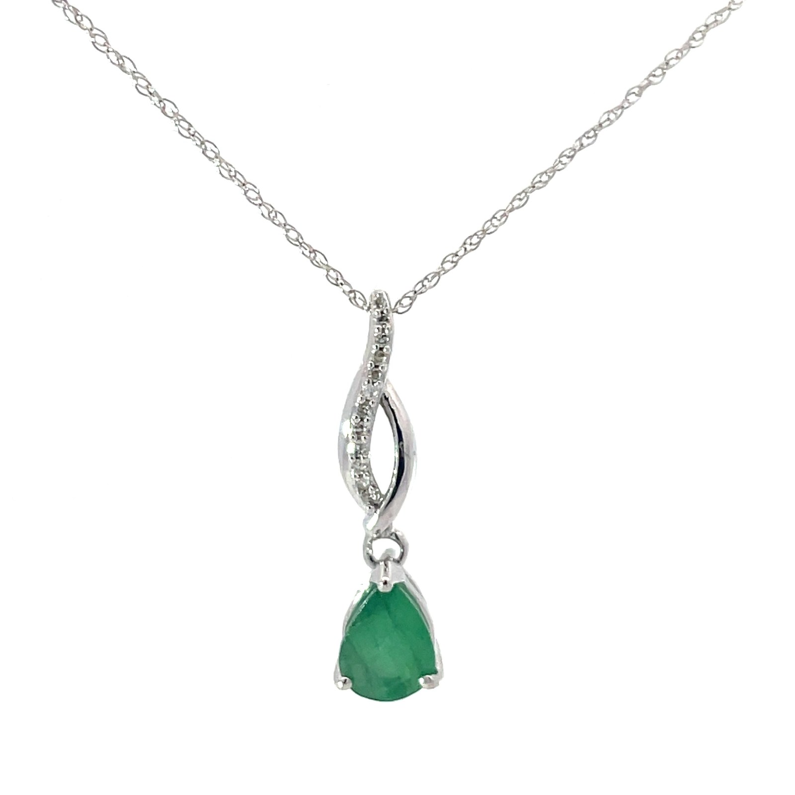 10kt white gold diamond and emerald dangle pendant on 18" I1,I