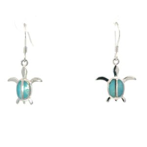 Sterling Silver rhodium plated genuine larimar dangle turtle earring on fish hooks