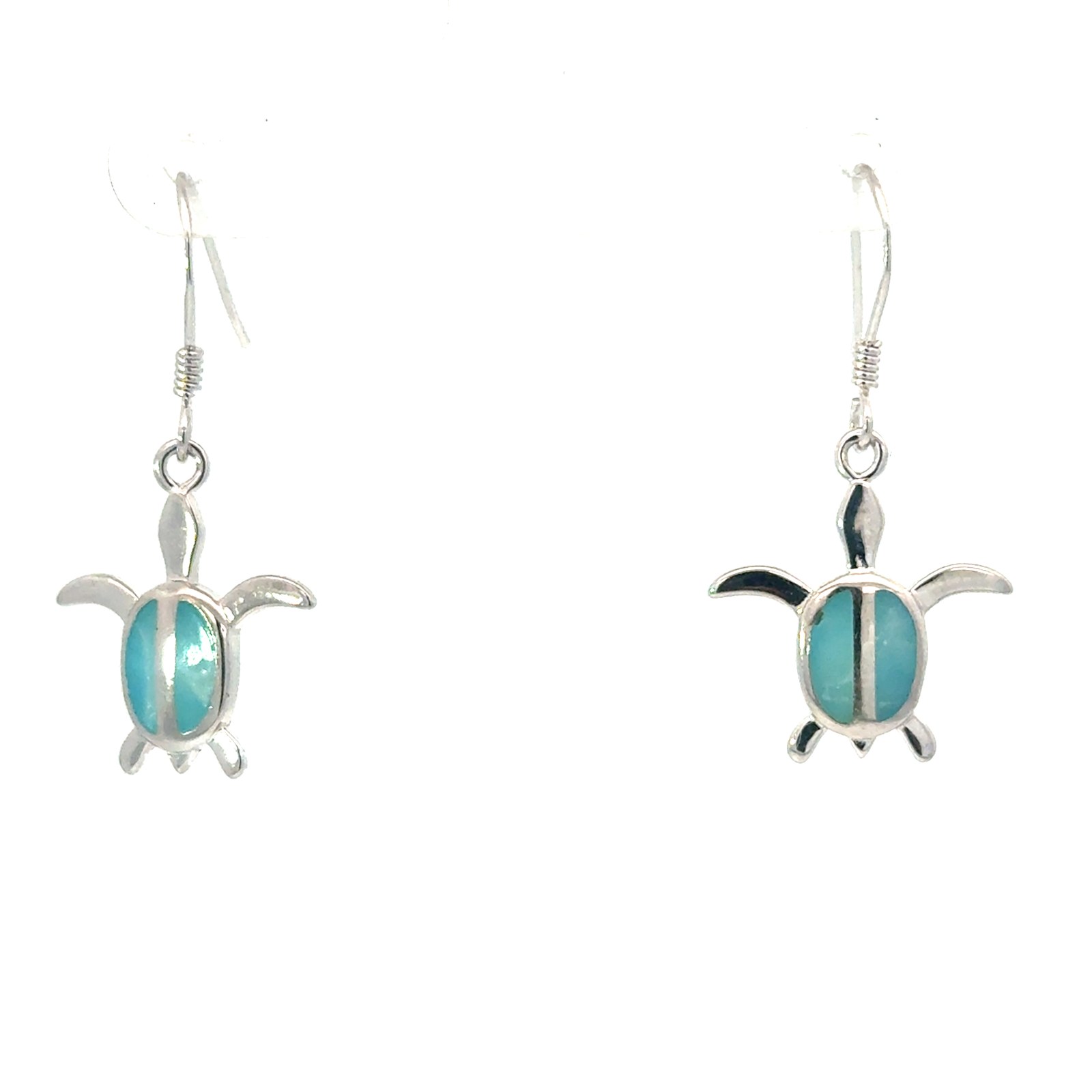 Sterling Silver rhodium plated genuine larimar dangle turtle earring on fish hooks