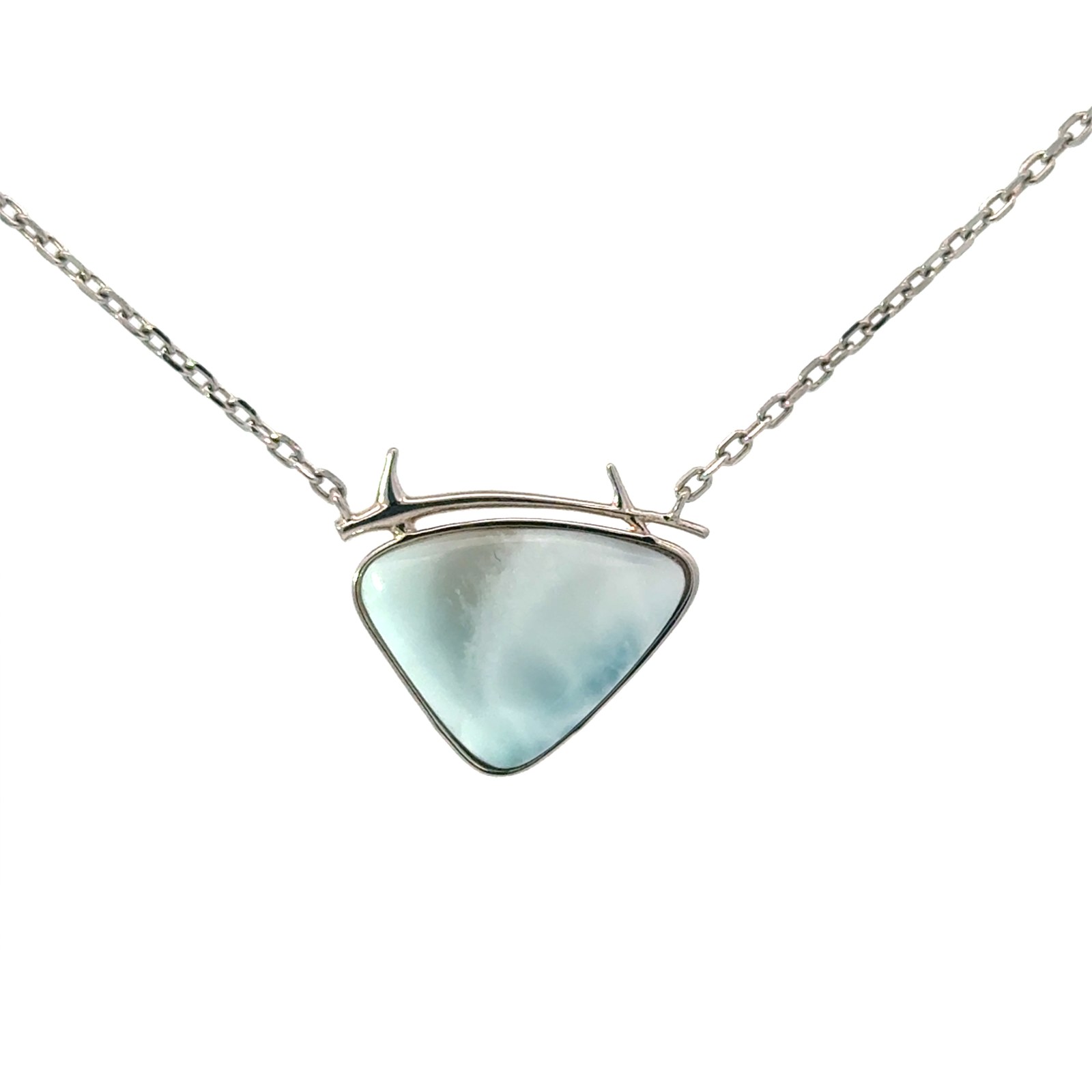 Sterling Silver rhodium plated genuine larimar trillion pendant on diamond cut cable chain with claw catch closure