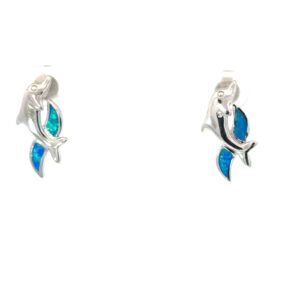 Sterling Silver created blue opal inlay dolphin stud earring