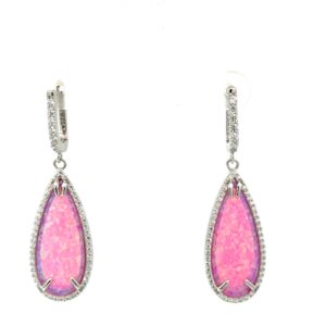 Sterling Silver rhodium plated created pink opal and cubic zirconia dangle fashion halo earring