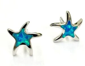 Sterling silver created blue opal starfish stud earring rhod plated