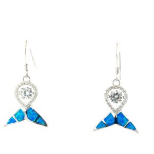 Sterling Silver rhodium plated created blue opal inlay dangle dolphine tail earring with fish hooks