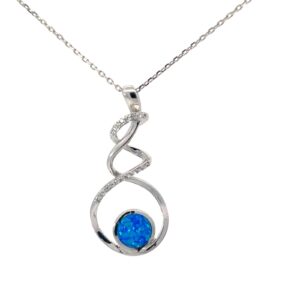 Sterling Silver created blue opal swirl dangle pendant on 1.1mm diamond cut cable chain 18"