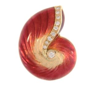 18Kt Yellow Gold medium Red Glass Enamel Nautilus Shell Pendant with .12TW Diamonds, Enhancer Bail