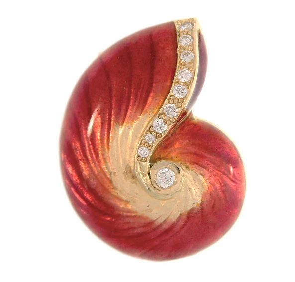 p .jpg 18Kt Yellow Gold medium Red Glass Enamel Nautilus Shell Pendant with .12TW Diamonds, Enhancer Bail