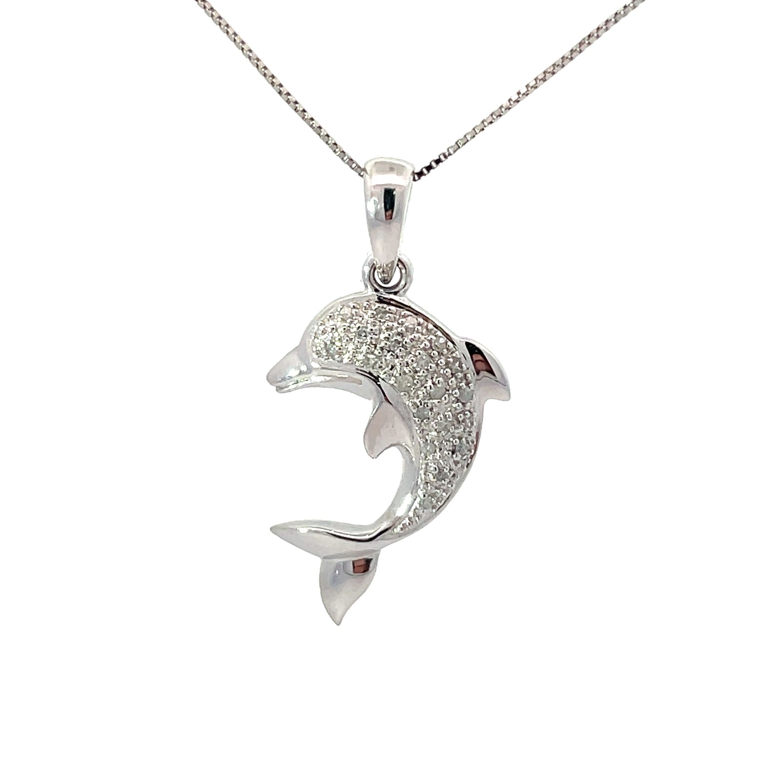 .jpg 14kt white gold diamond dolphin pendant on box chain 18" D tw 0.10cts I,I