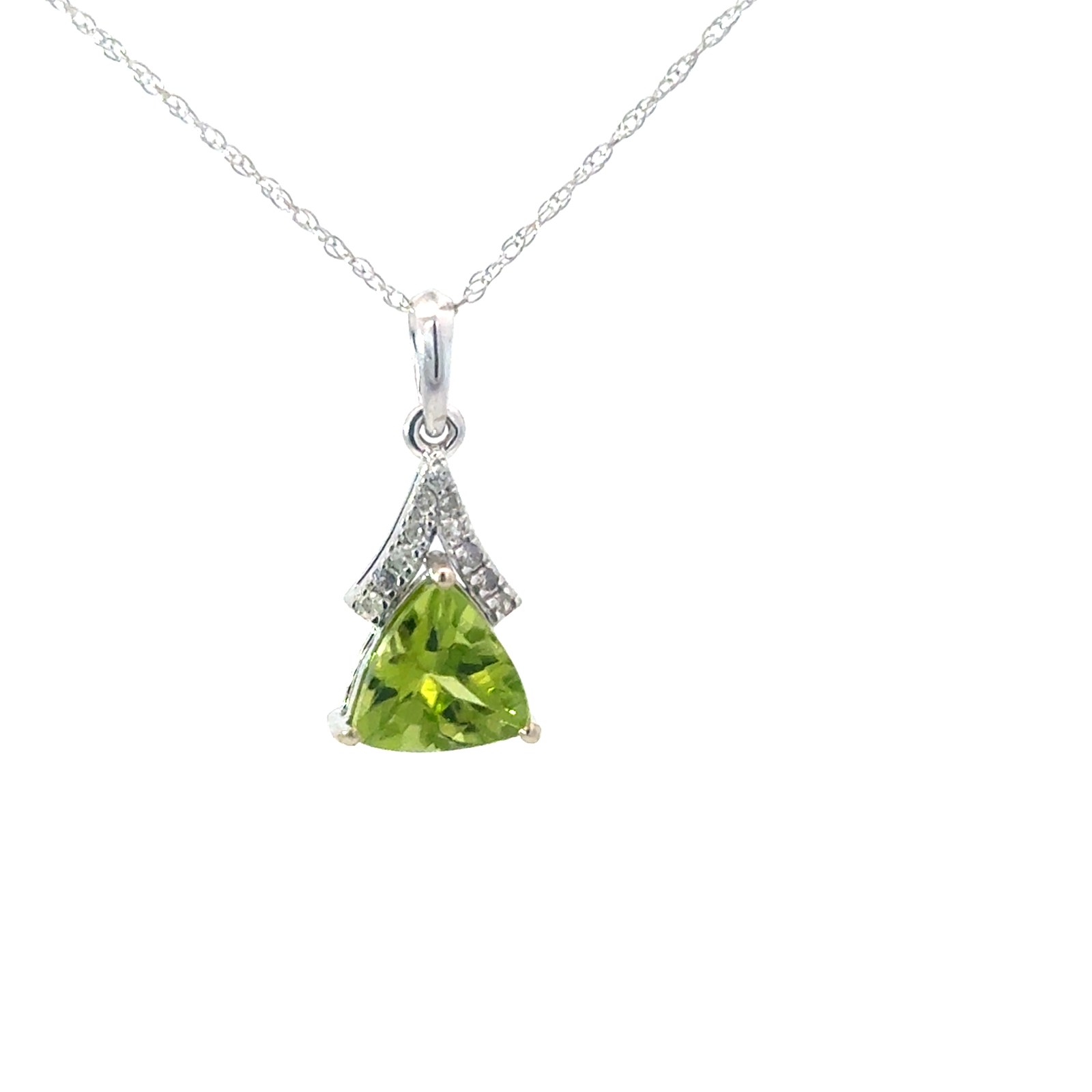 .jpg 10kt white gold genuine peridot and diamond triangle pendant D tw 0.08cts SI clarity, near colorless I color on machine made rope 18"