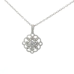 14kt white gold fancy diamond intertwined necklace on link chain with a claw catch tw 1 5/8 ct VS2, F/G color