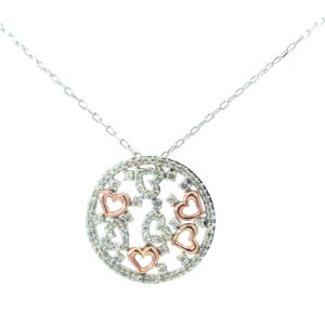 10kt two tone white and rose open heart circle pendant tw 0.35cts SI clariy, near colorless H/I color on link chain 18" chain