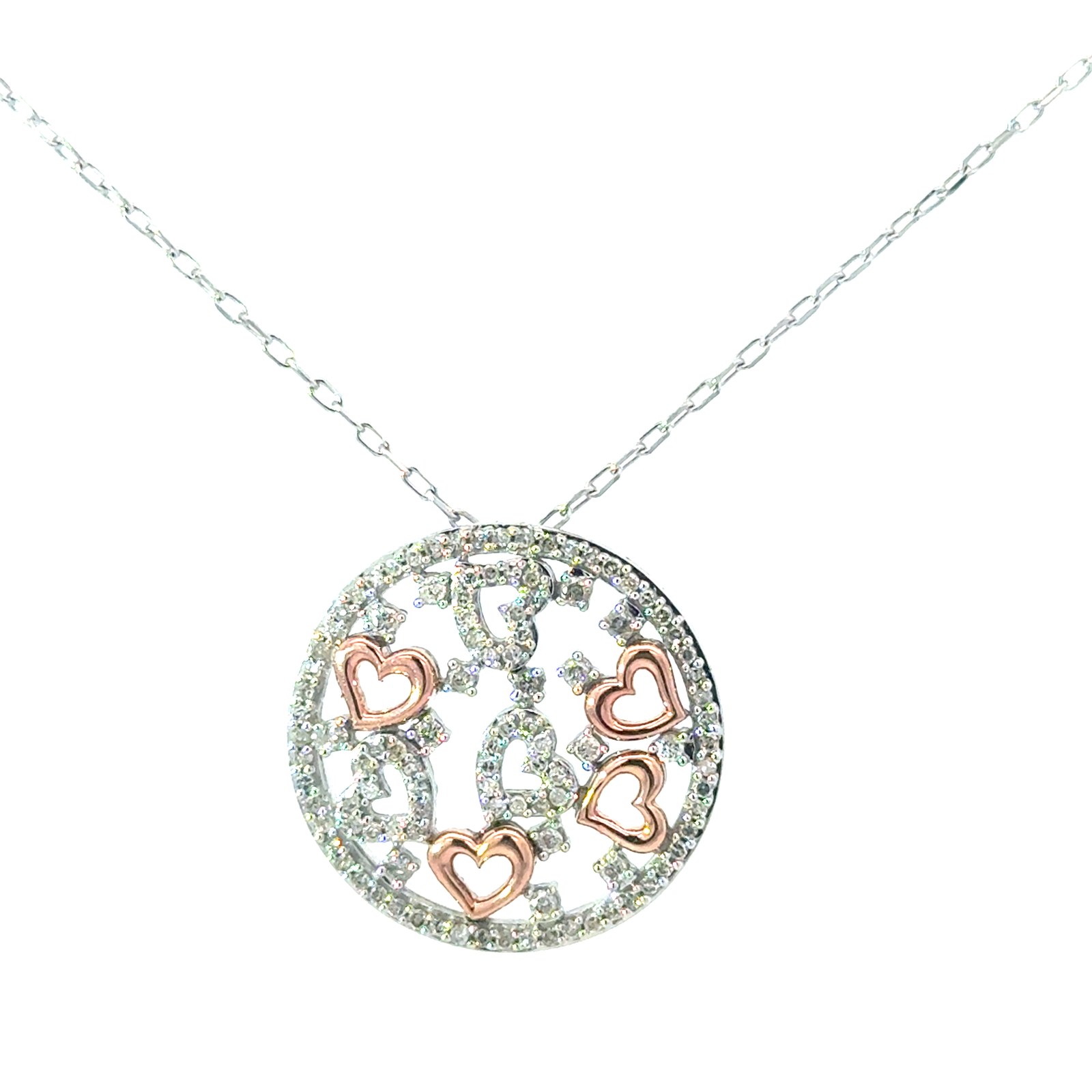 .jpg 10kt two tone white and rose open heart circle pendant tw 0.35cts SI clariy, near colorless H/I color on link chain 18" chain