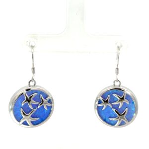 Sterling Silver rhodium plated created blue opal inlay starfish dangle earring on fish hook