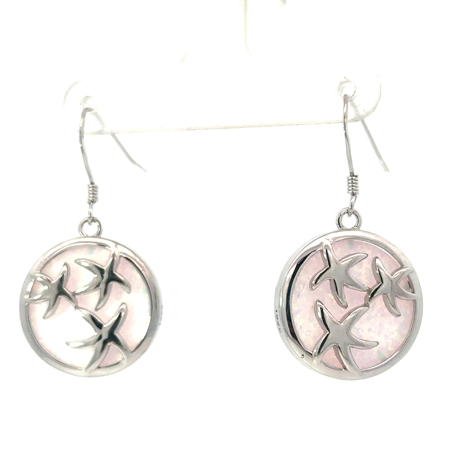 Sterling Silver rhodium plated created white opal inlay circle starfish dangle earring on fish hooks