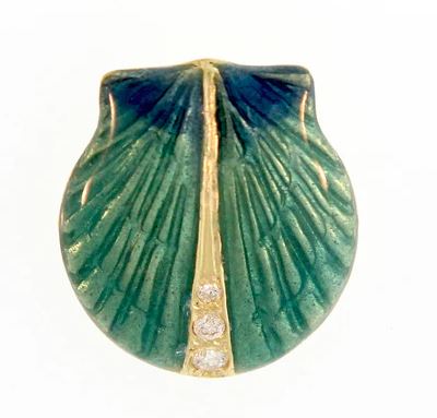 p .jpg 18Kt Yellow Gold Small Teal Green Glass Enamel Scallop Shell Pendant with .06TW Diamonds
