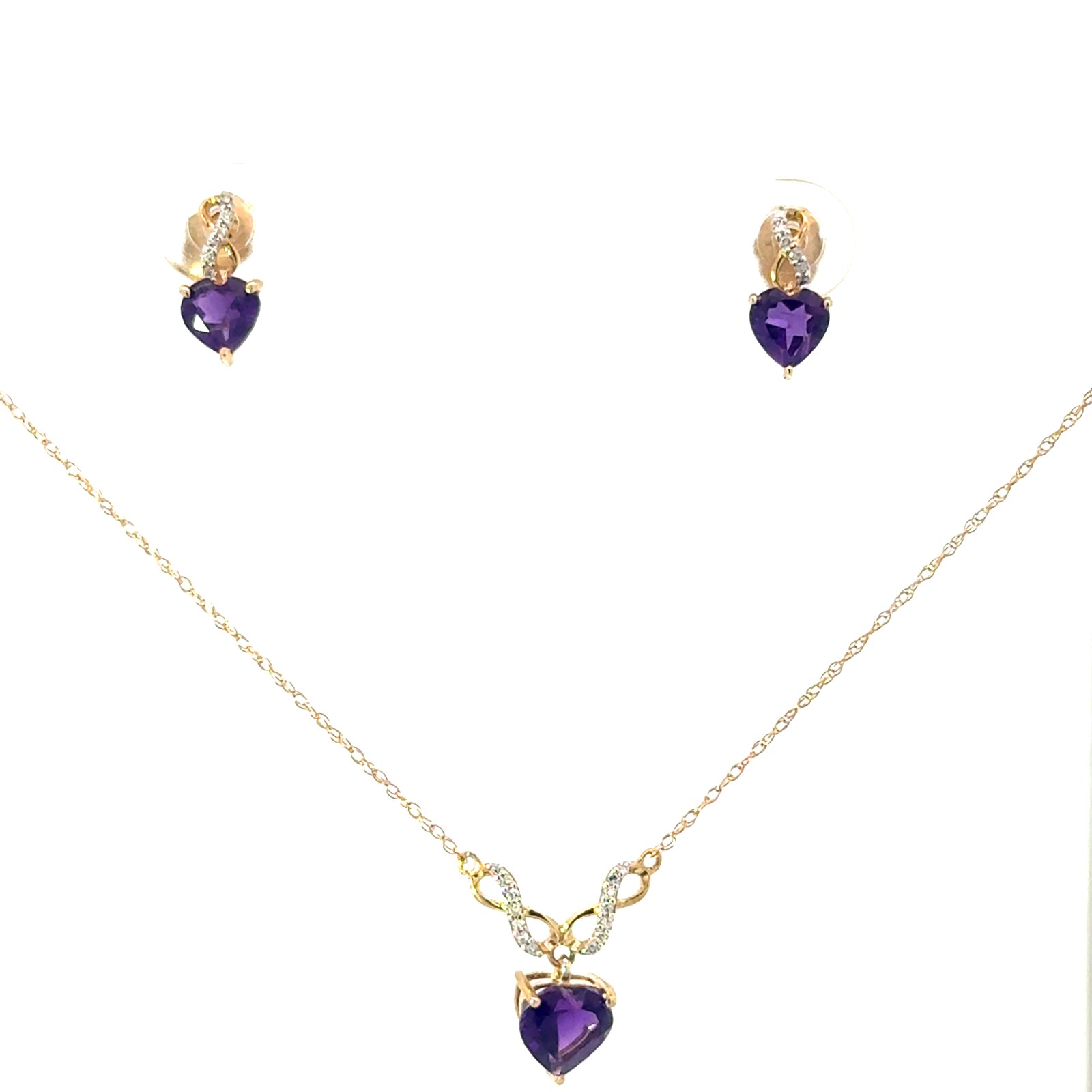 .jpg 10kt yellow gold genuine amethyst and diamond heart and infinity pendat and earring SOLD AS SET tw 0.10cts