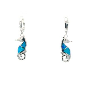 Sterling Silver rhodium plated created blue opal inlay dangle seahorse earring on lever backs