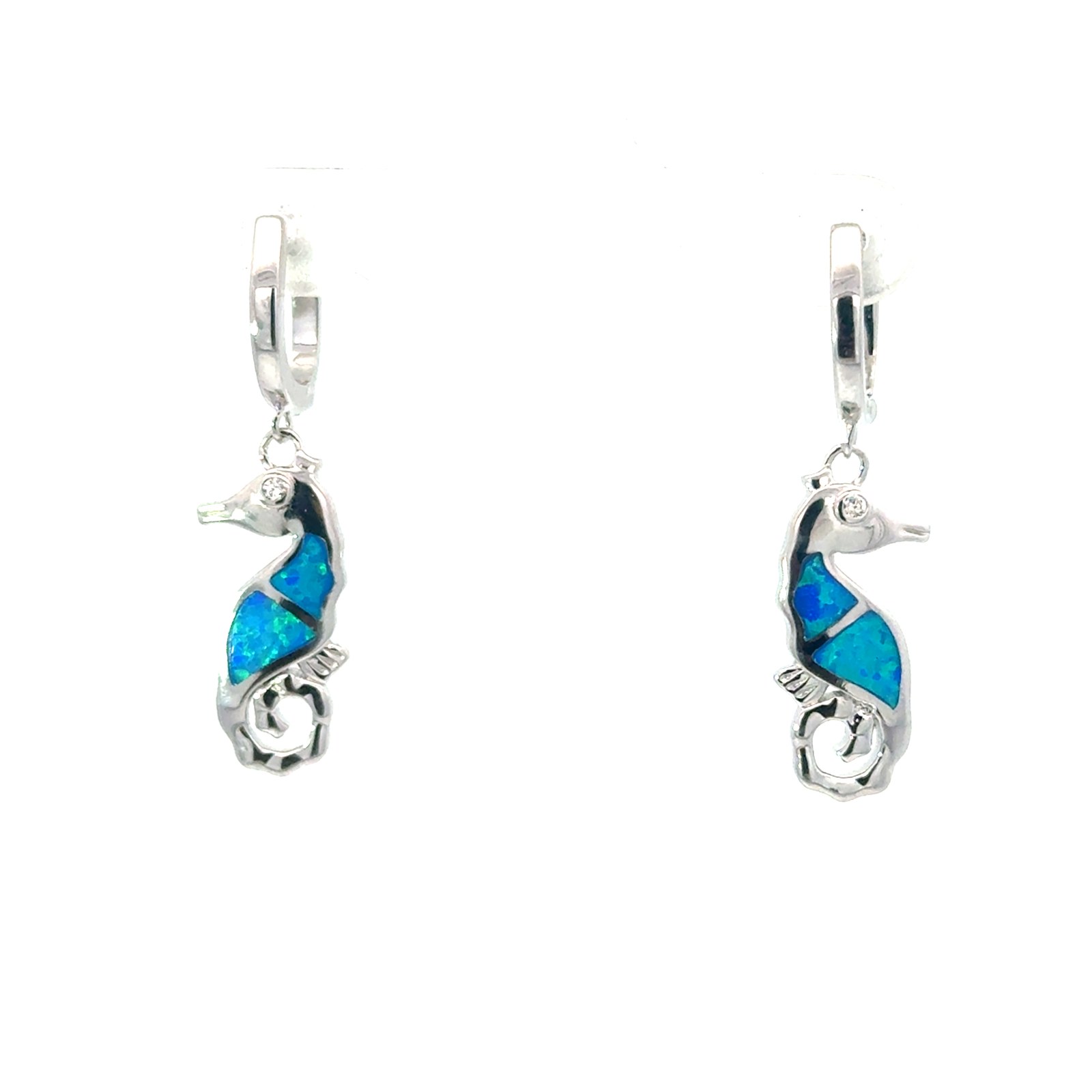 Sterling Silver rhodium plated created blue opal inlay dangle seahorse earring on lever backs